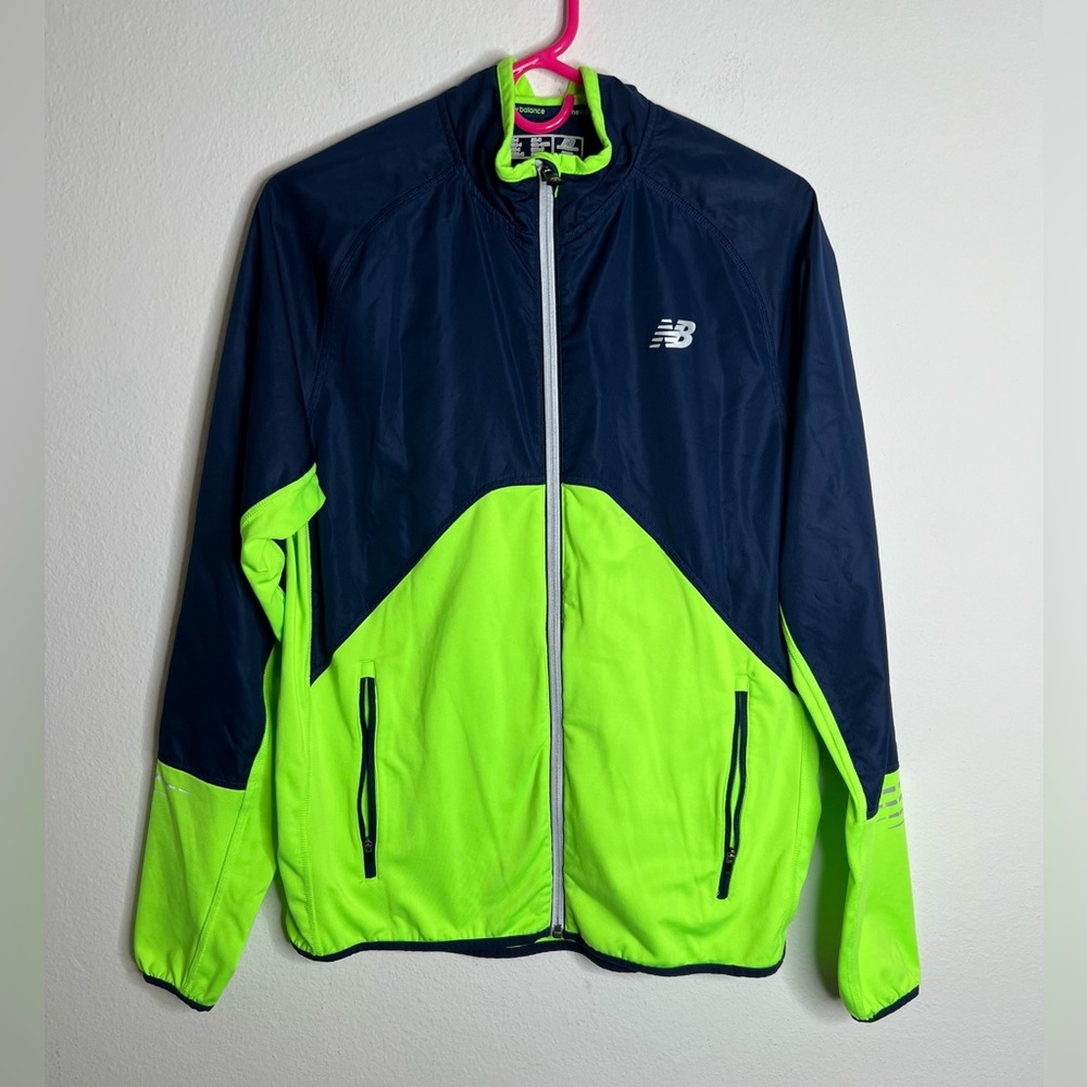 New Balance Jacket Mens Size Small Navy Neon Green Softshell Full Zip Up
